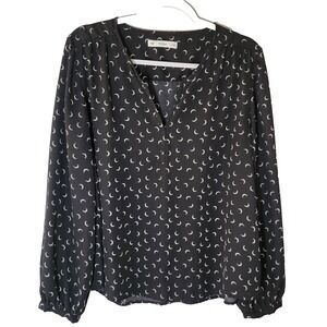 ACOSA Crescent Moon Celestial Blouse Top Womens XL Black Button Front LS